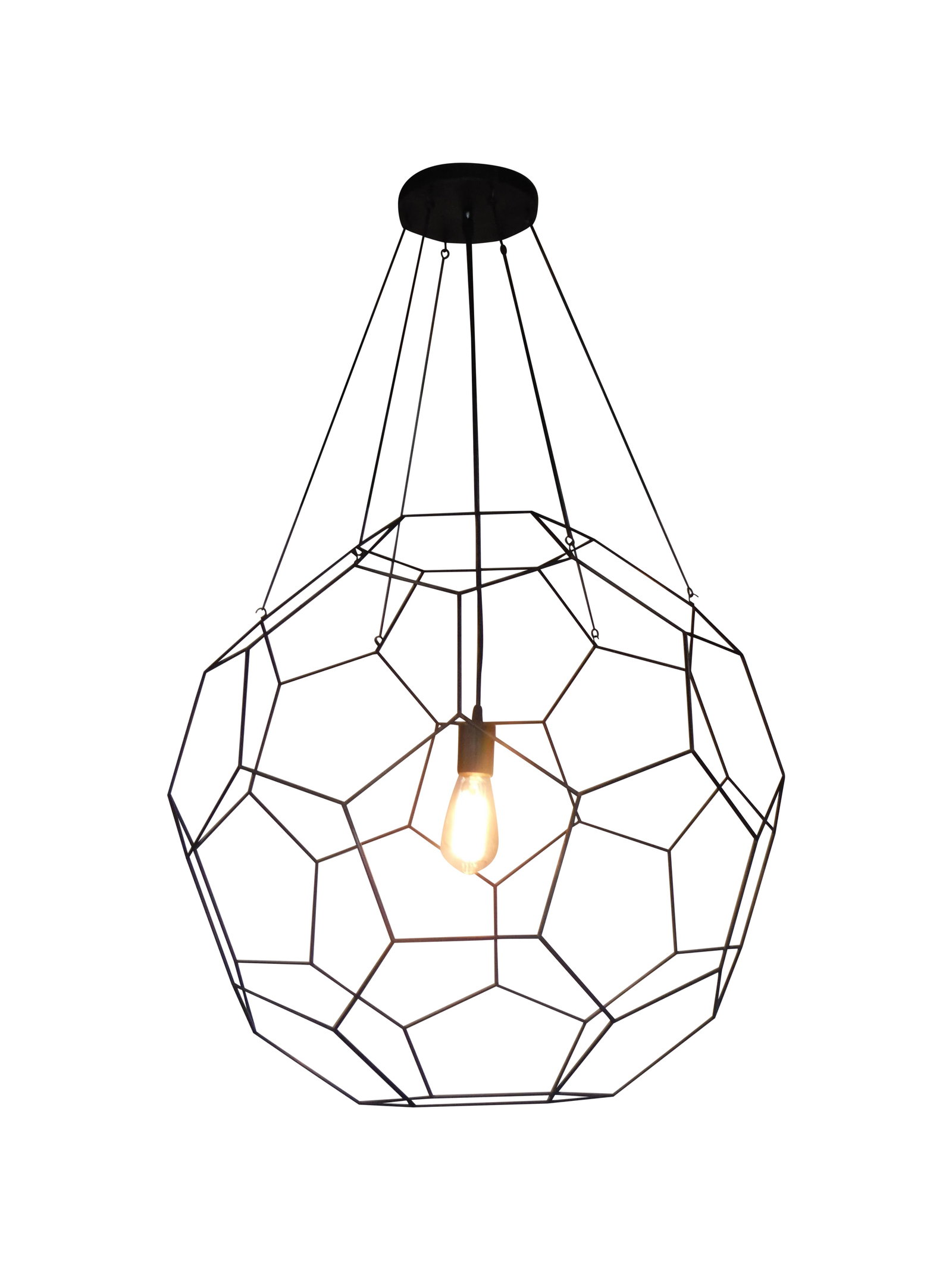 Truncated Icosahedron Pendant Light: This stunning chandellier is in the shape of a truncated icosahedron. Tediously assembled and finished over the course of many das in our Brooklyn green point studio. Each steel section is