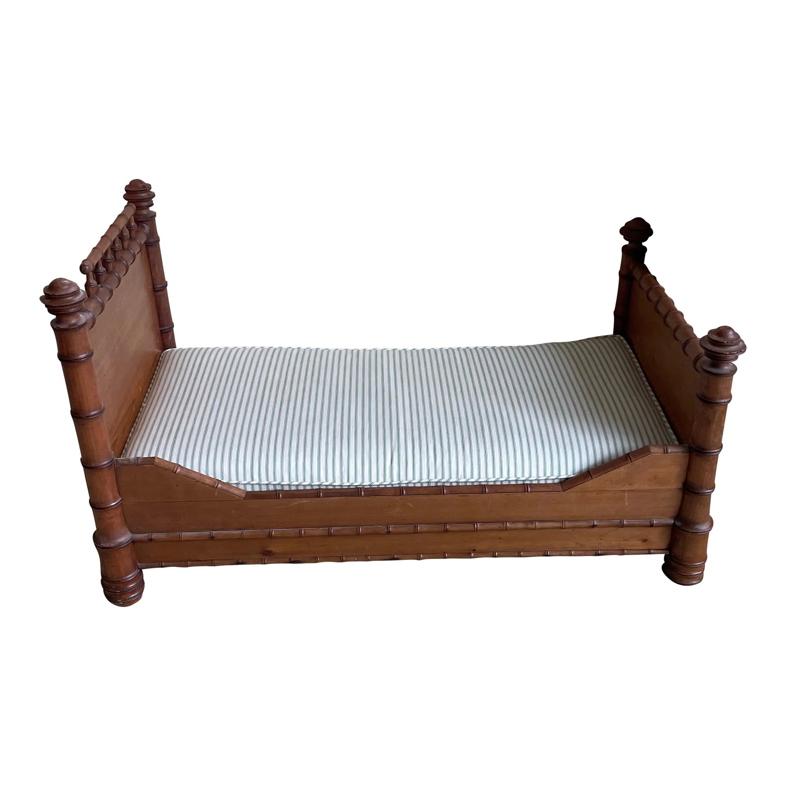 19th Cent French Faux Bamboo Dog Bed: Doesn't your best friend deserve the best? This was once a doll bed but now the perfect resting spot for Fido. Antique French faux bamboo from the aesthetic period has a new cushion in antique linen t