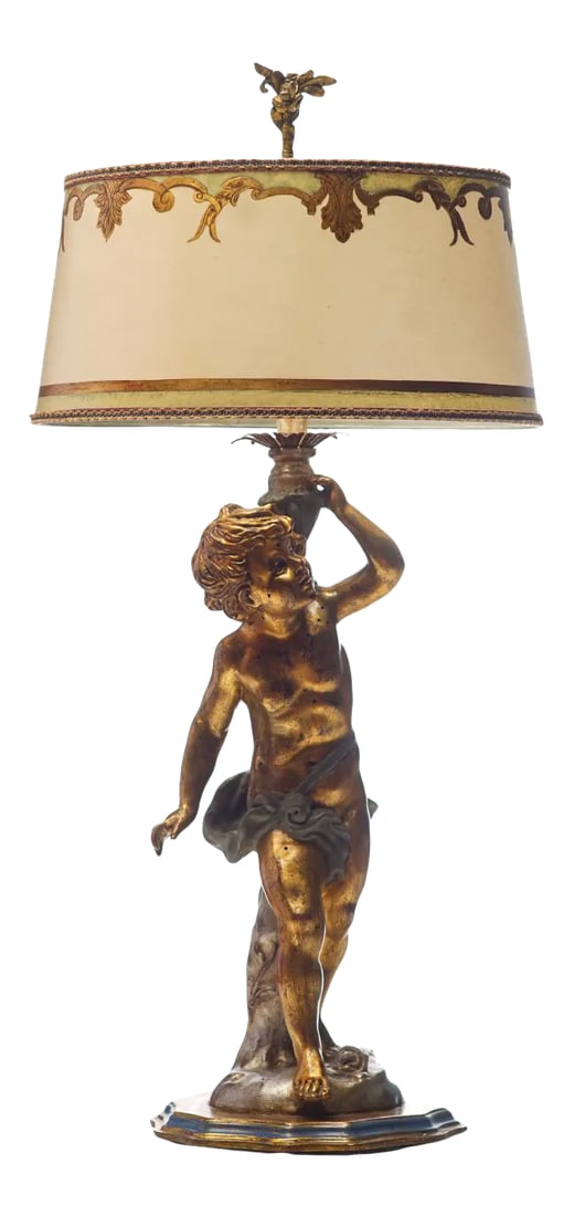 Italian Vintage Carved Wood Italian Putti Lamp: 1920's-1940's Italian Carved Wood Italian Putti Lamp with silver and gold leaf and custom shade 32"H Condition: Alterations: Original Condition Unaltered Imperfections: Some Imperfections Condition