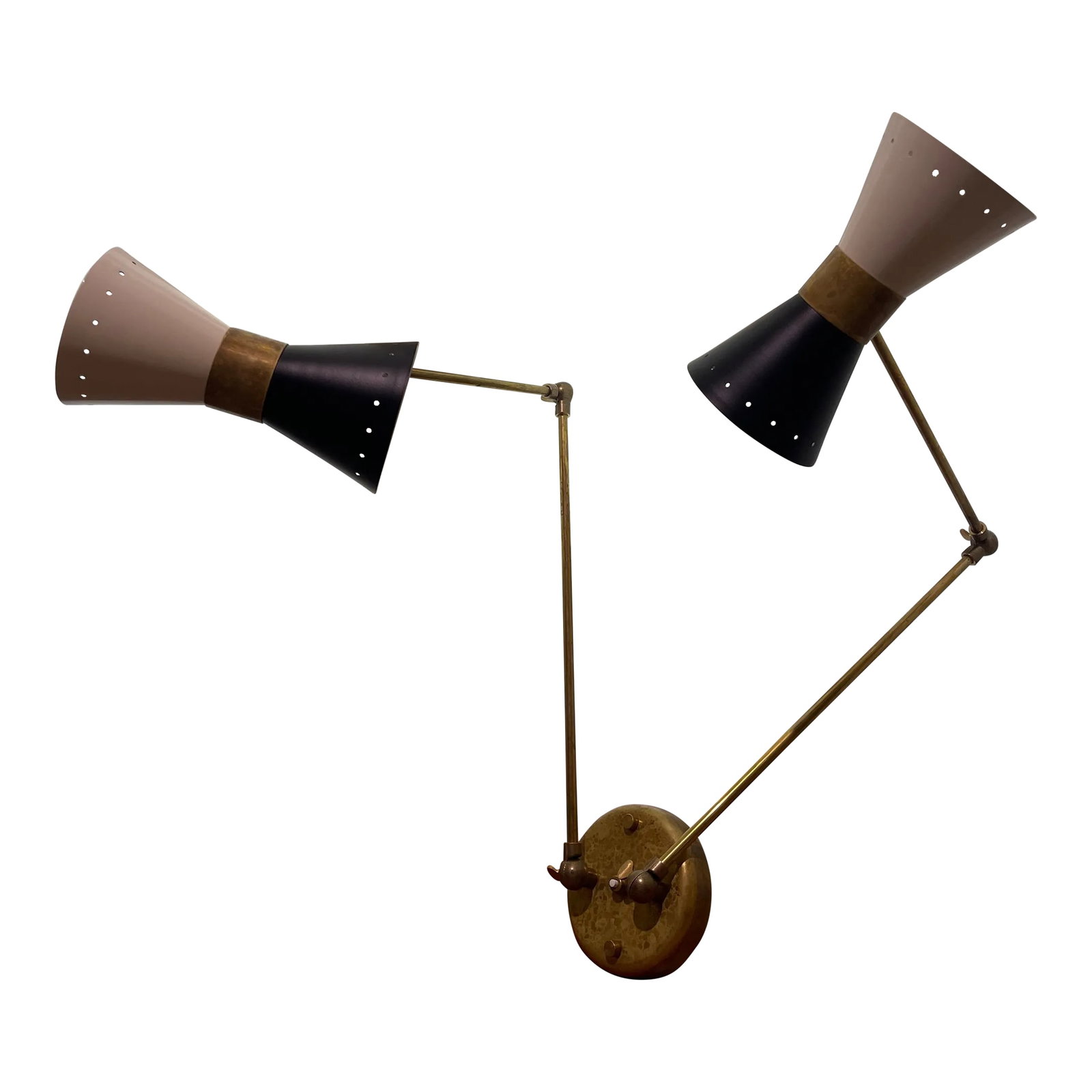 Double Arm Wall Sconce in the Style of Stilnovo: Presenting an articulated wall lamp reminiscent of the iconic Italian designs of the 1950s, crafted from unlacquered brass and lacquered iron. Featuring a pivotable head, the lamp offers 180deg orient