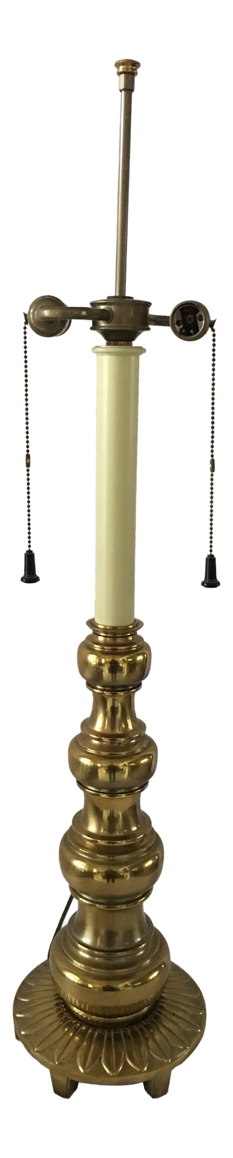 1960s Stiffel Brass Table Lamp: Mid-century quality made brass Stiffel table lamp on footed base. Double socket, pull chain. Measures 36" x 8" x8" 28" to socket. Great between two chairs. Stiffel has been making lamps for near a cen