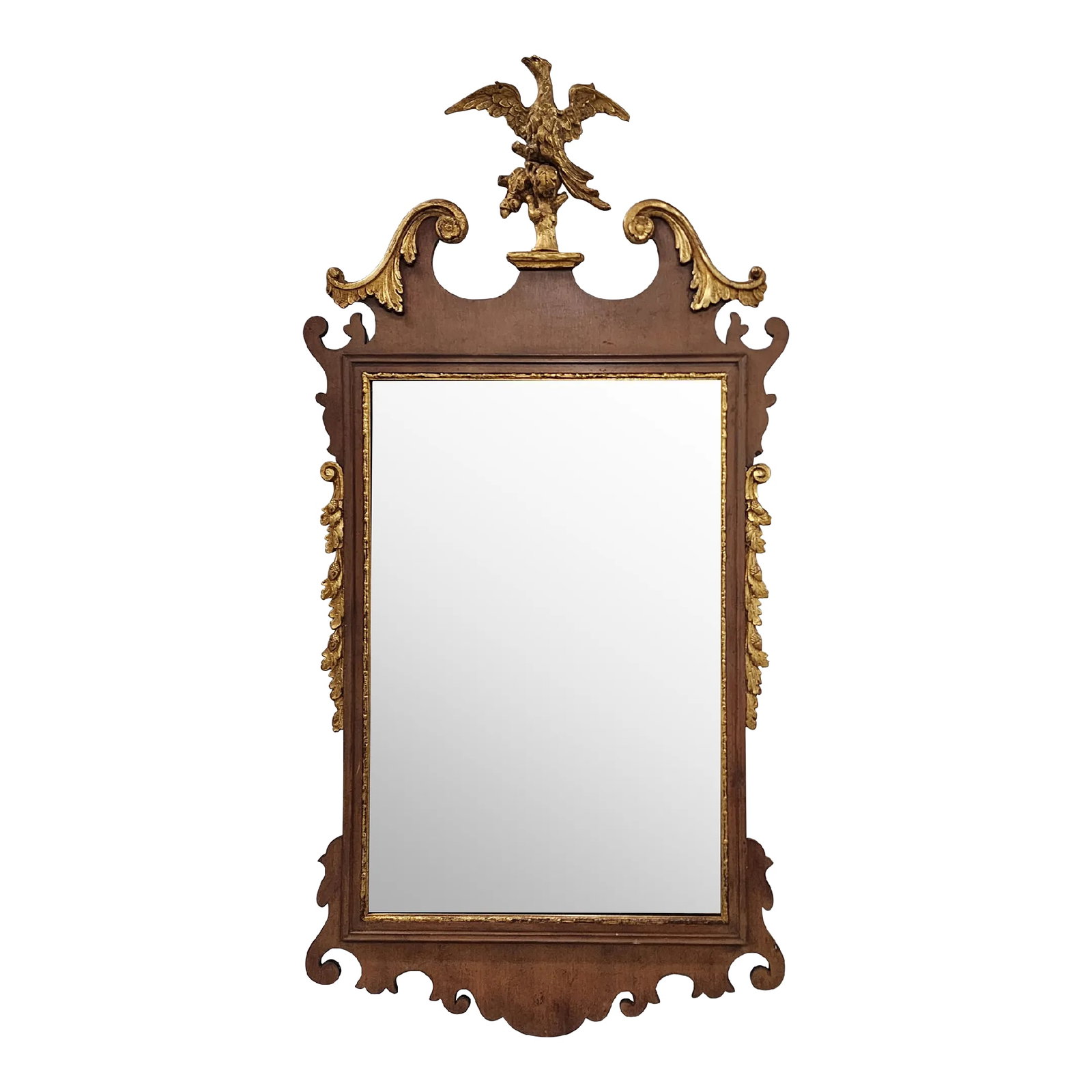 Friedman Brothers Chippendale Style Mahagony Mirror With Eagle Crest: Vintage American made Friedman Brothers Chippendale style mahagony mirror featuring a carved gilt eagle crest and gilted ornaments of leaves and acorns on each side of the frame. The mirror has the