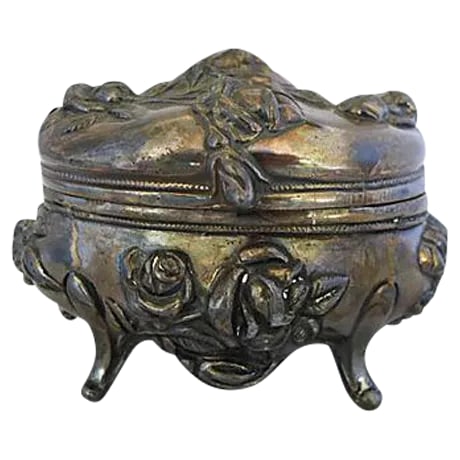 Art Nouveau Silverplate Footed Rose Jewelry Box: Art Nouveau silverplate footed jewelry box in rose pattern. No maker's Mark. Dated 1904. Condition: Alterations: Original Condition Unaltered Imperfections: Some Imperfections Condition Notes:
