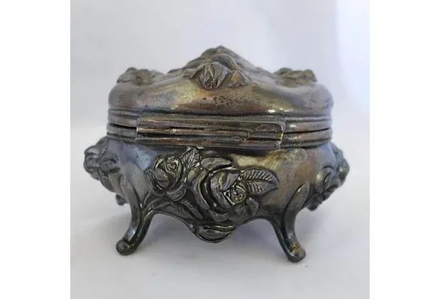 Art Nouveau Silverplate Footed Rose Jewelry Box - 6