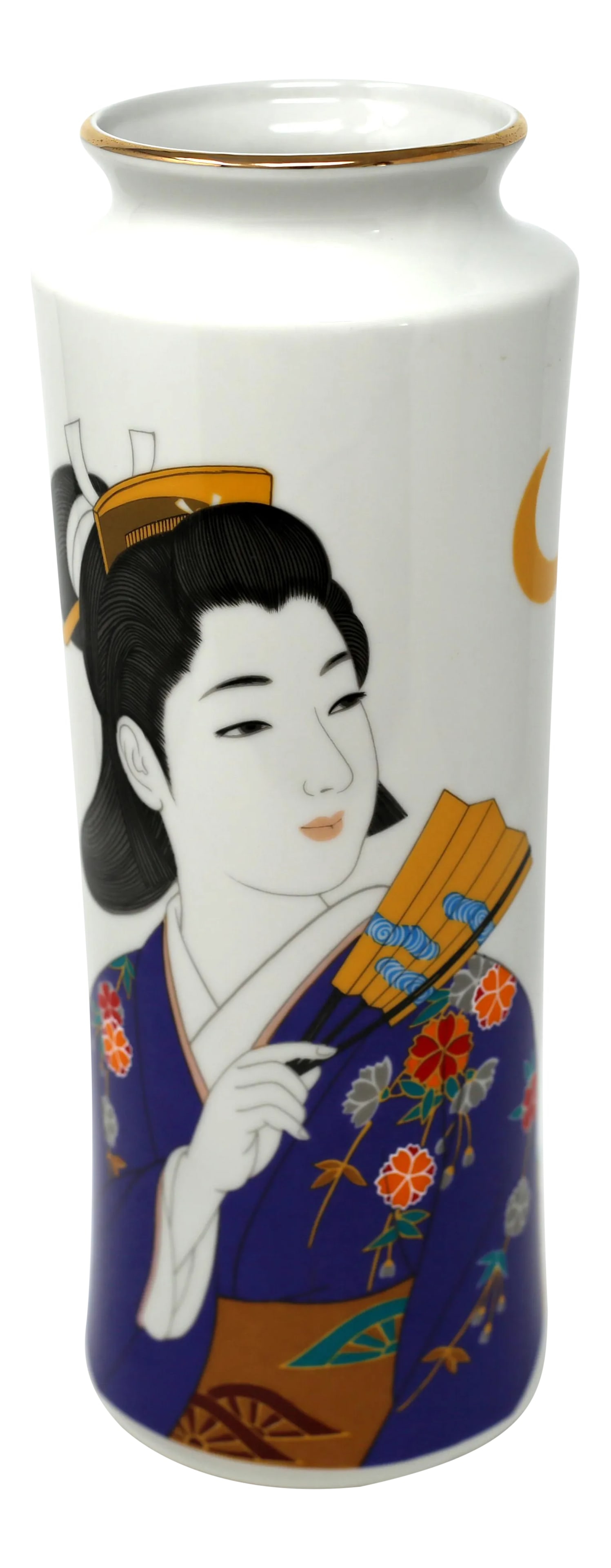 1980s Illustrated Japanese Porcelain Cylinder Vase: Vintage 1980s porcelain vase is printed with a colorful, detailed drawing of a woman in purple kimono, and has a gold rim. No chips or cracks. Artist signature and stamp are next to the figure, see ph