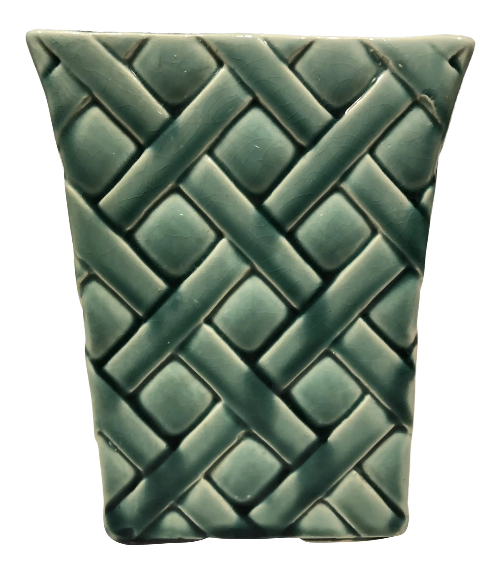 1940s Vintage Basket Weave Vase: Deep aqua green vase with interesting wide basket weave design. Similar to McCoy. Marked "s.p." On side. Condition: Alterations: Original Condition Unaltered Imperfections: Some Imperfections