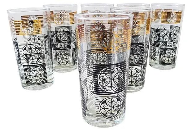 Mid-Century Tall Cocktail Glasses - Set of 7: Set of seven mid-century cocktail glasses with stenciled design. No maker's mark. Condition: Alterations: Original Condition Unaltered Imperfections: Some Imperfections Condition Notes: Excellent -
