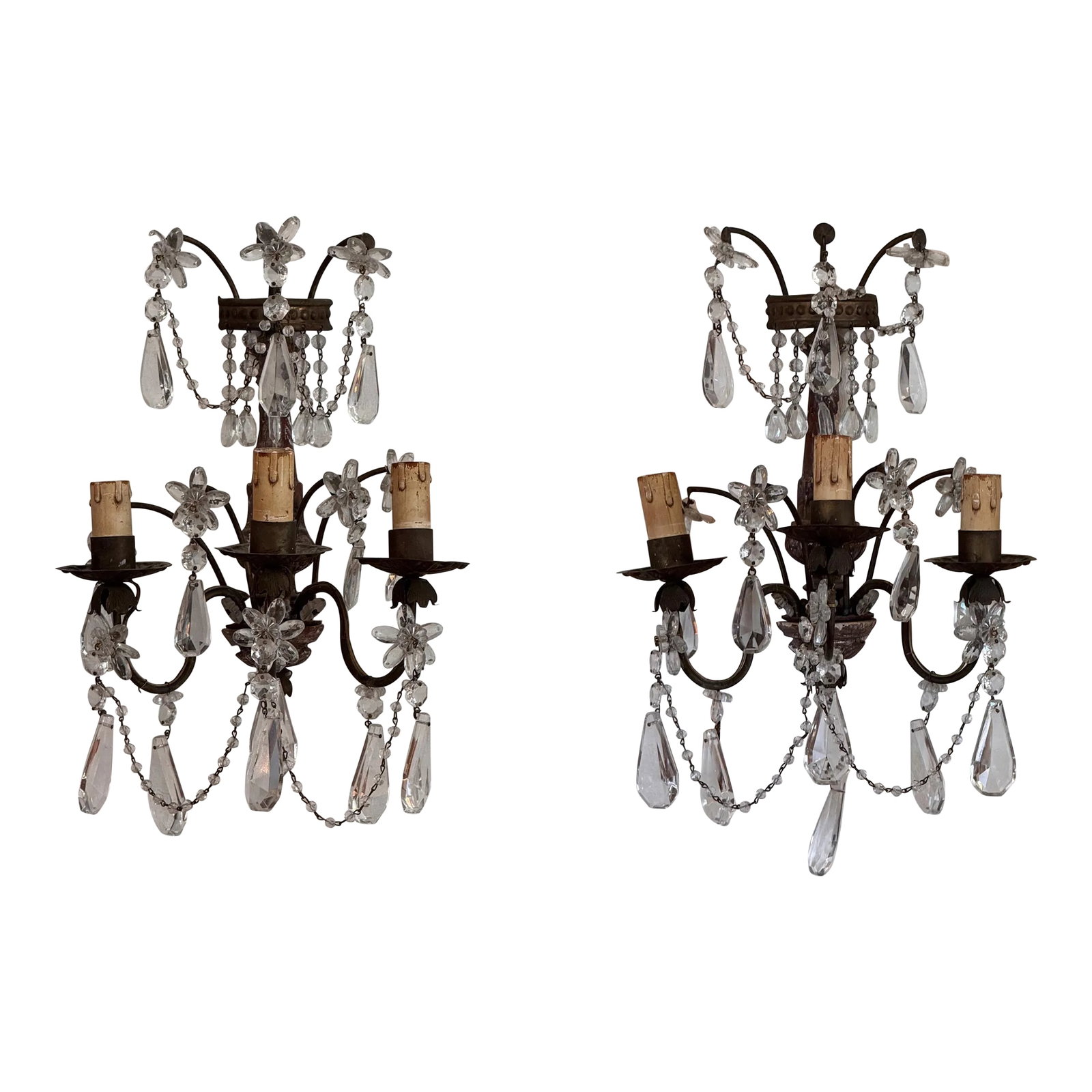 Pair of 1920s Italian Wood and Crystal Sconces: This is a pair of Giltwood and crystal sconces. A beautiful pair. Condition: Alterations: Original Condition Unaltered Imperfections: Some Imperfections Condition Notes: Wear consistent with age and u