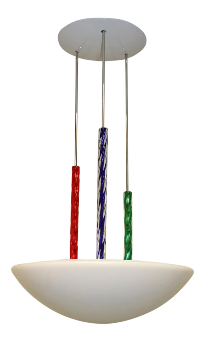 Carlo Nason for ITRE Colored Murano Glass Rod Chandelier Lamp, Mid-Century Modern: Chandelier Murano Hand Blown White Glass With Multi-Color Accents Spiral Rods. Mounting: white lacquered metal and chromed suspension rods. The "Palace" chandelier was Designed by Carlo Nason and Manu