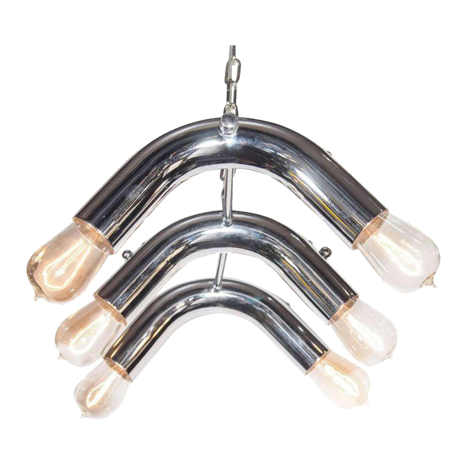 Mid-Century Modern Tubular Chandelier in Chrome, C. 1970s: Architectural tubular chrome frame with artistic design, fitted with six retro style filament lights. Adjustable chain height. Condition: Alterations: Original Condition Unaltered Imperfections: Some