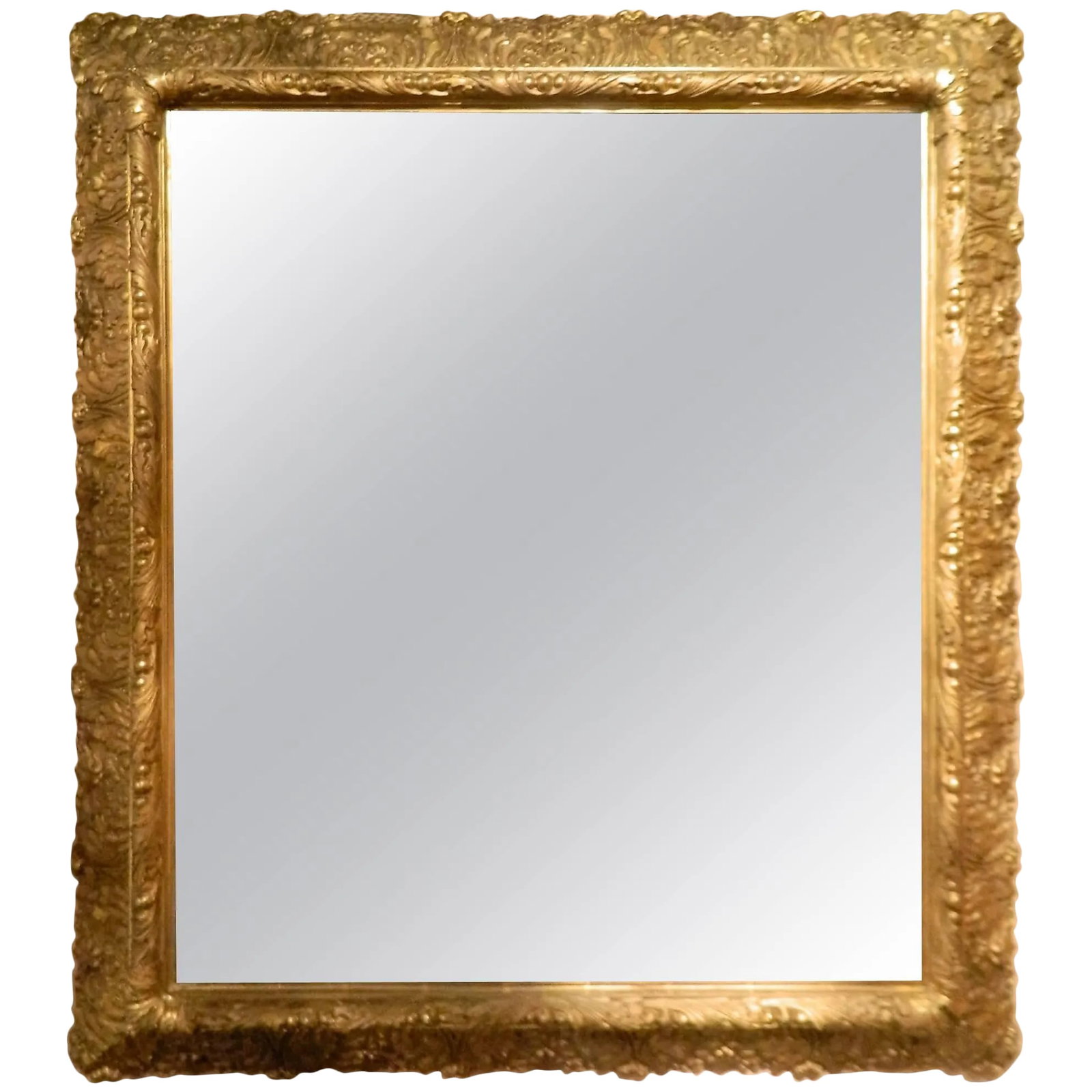 English Gold Leaf and Water Gilding Trim Mirror, Circa 1850-1880: English gold leaf and water gilding trim mirror with floral bouquet motif decoration, circa 1850-1880. Condition: Alterations: Original Condition Unaltered Imperfections: Some Imperfections Condition