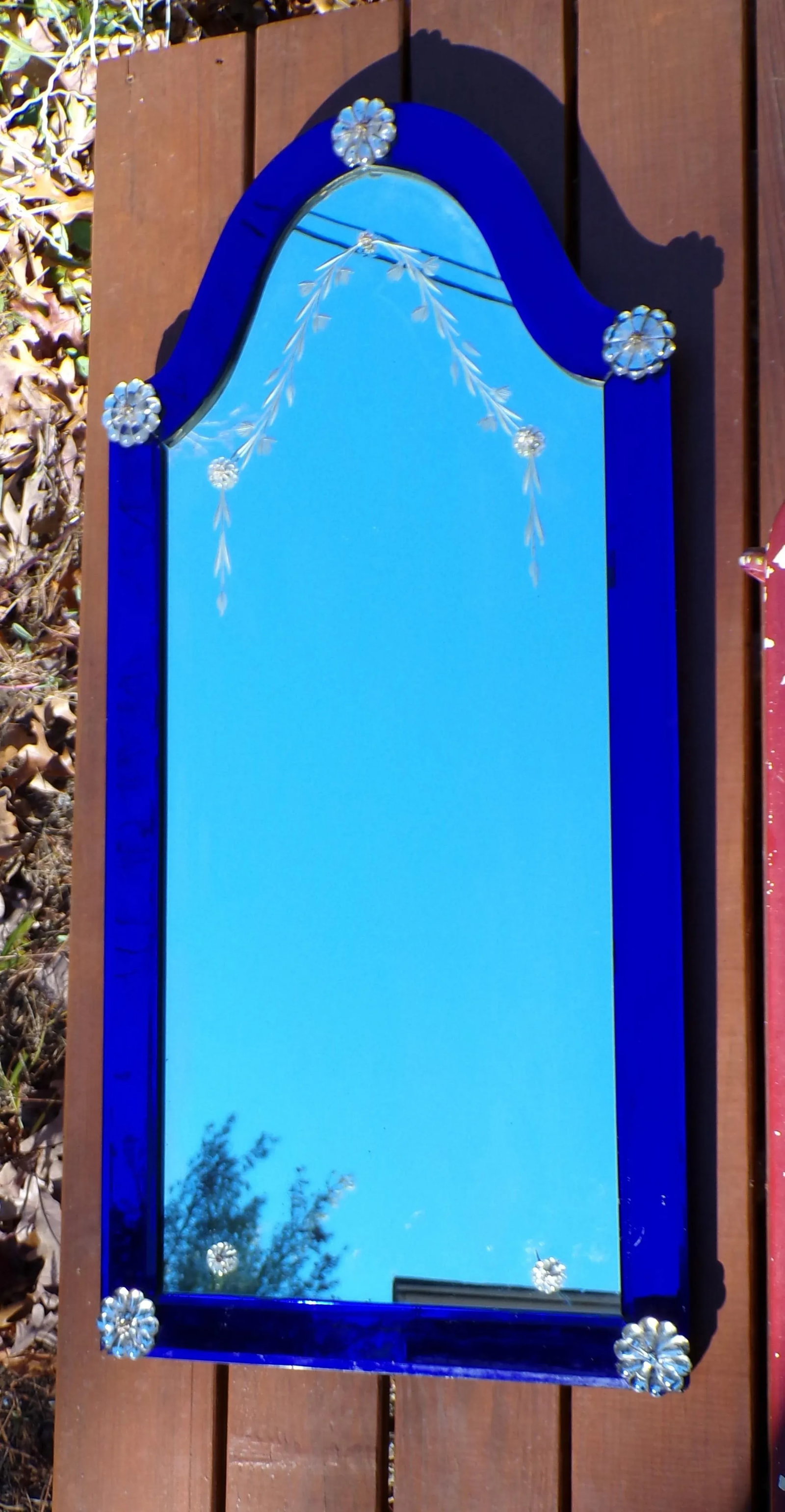 Vintage Art Deco Venetian Style Cobalt Blue Glass Framed Pier Mirror C 1930's - 8