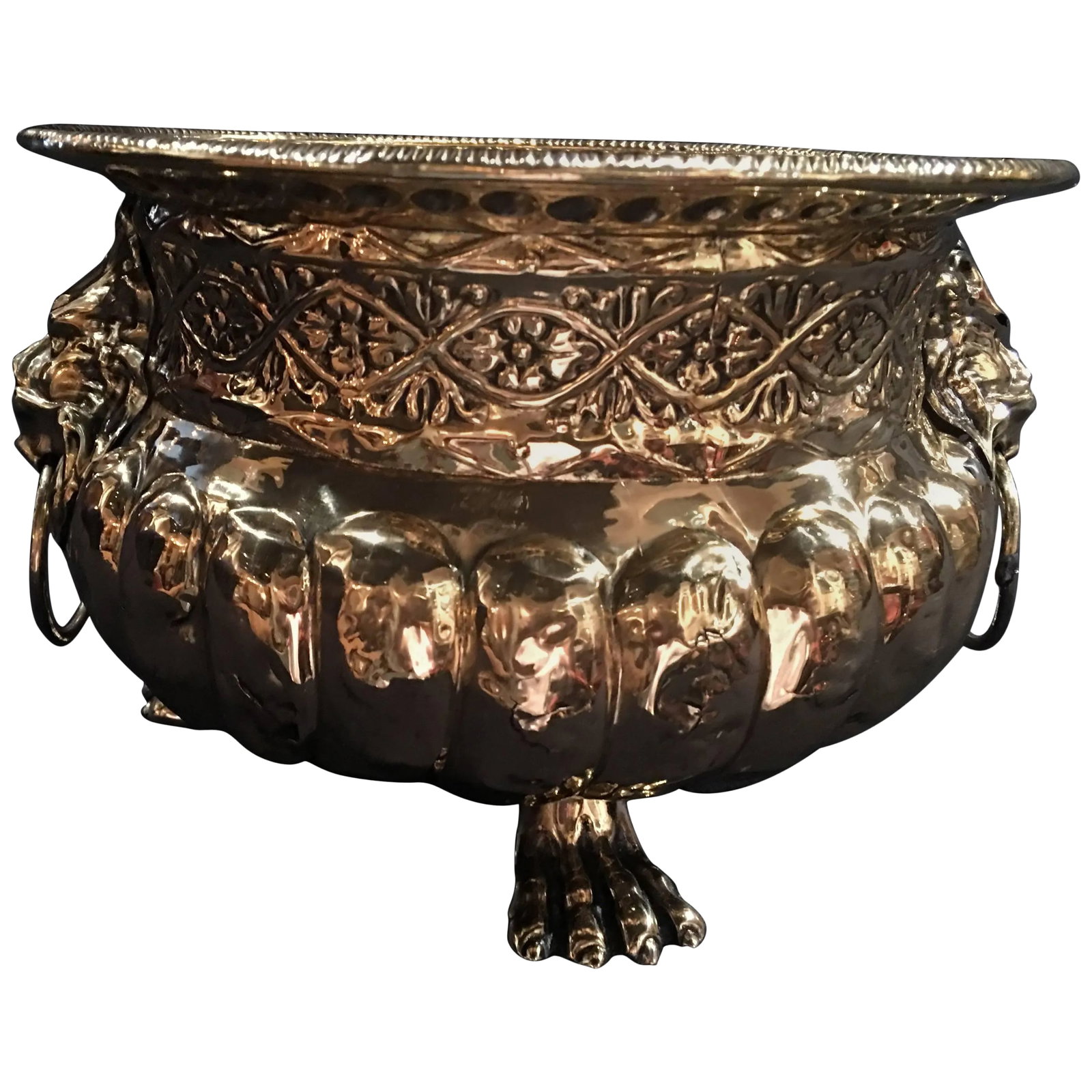 French Polished Brass Jardiniere With Lion Ring Handles, 19th Century (1 of 5)