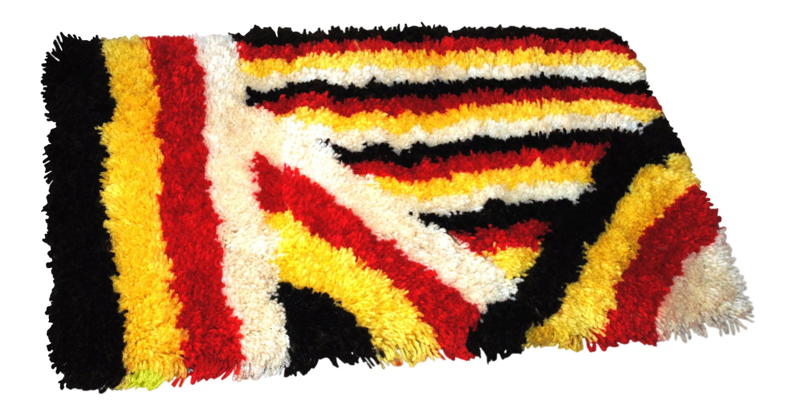 Mid Century Hand Hooked Abstract Design Shag Rug-2'x3'6": Beautiful hand hooked rug. Design is original and hand drawn. It was hooked by a local gentleman named J.W. Spakes in South Carolina, and Janet Wright did the original design. Yarn was hand cut to