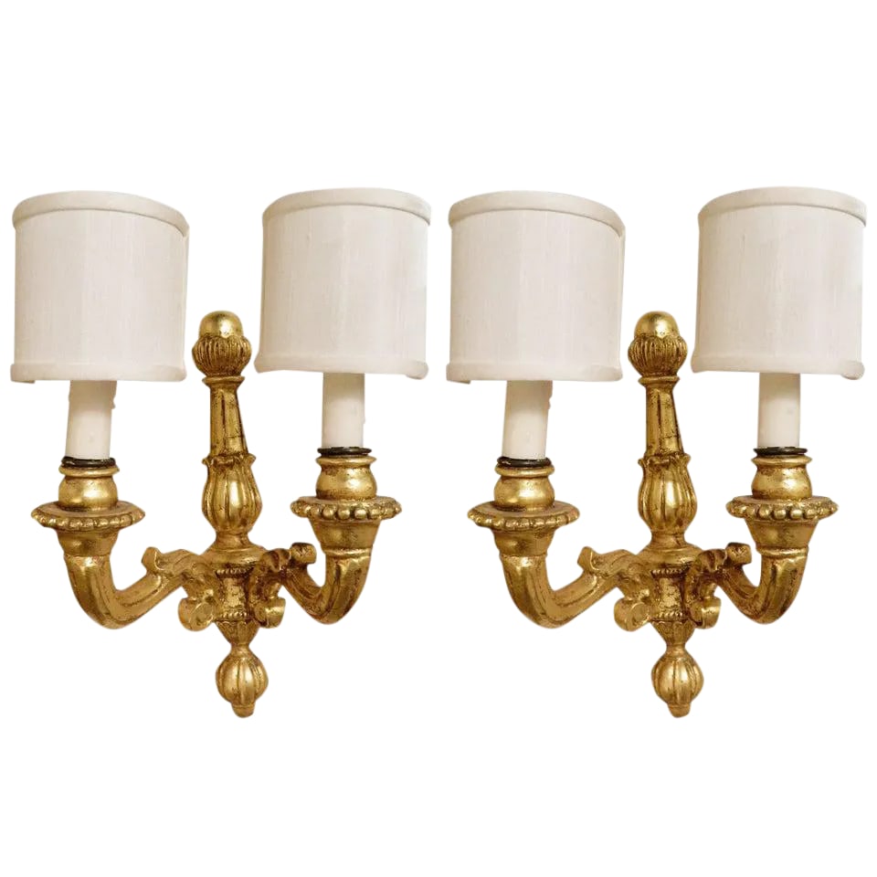 Italian Gold Leaf Wood Wall Sconces, 20th Century - a Pair: Pair of Italian Gold Leaf Wood Wall Sconces with Shield Back Shades, 20th Century. Projection is 7.25" Condition: Alterations: Unknown Imperfections: Some Imperfections Condition Notes: Excellent