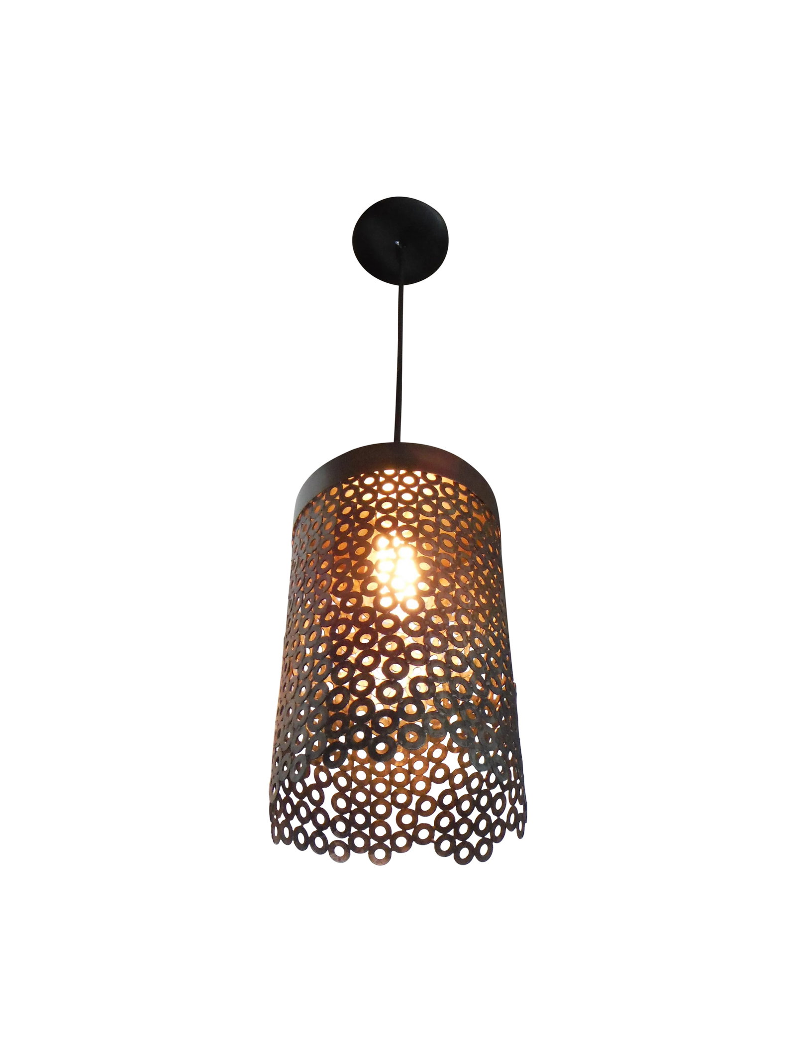 Waterfall Steel & Bronze Pendant Light: Inspired by the work of Queens lamp designer Louis comfort Tiffany this pendant associates steel, bronze and light for a stunning filtering effects. Assembled from 1/2" standard washers welded togethe