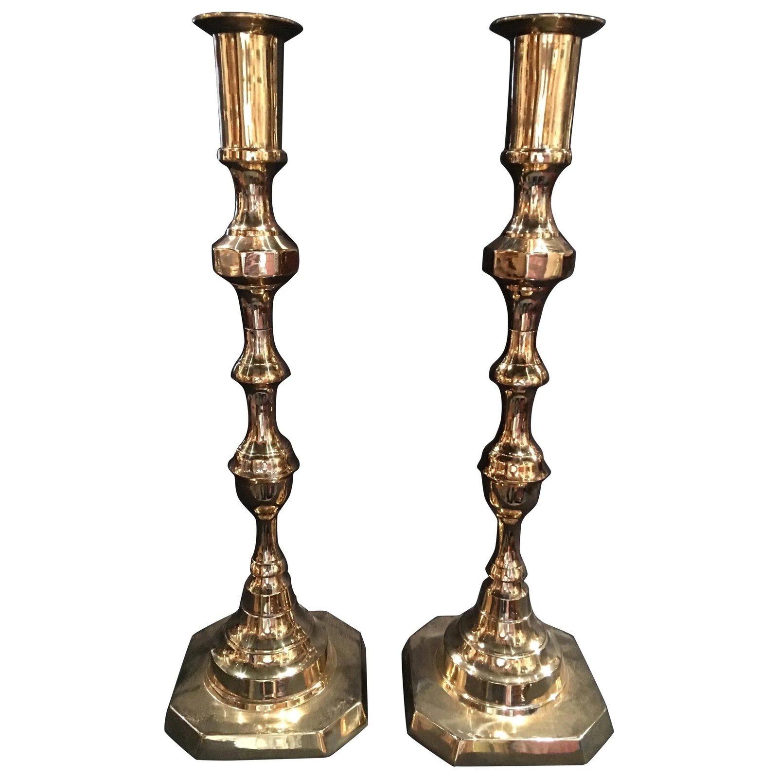 Tall English Polished Brass Candlesticks, 19th Century - a Pair - 5