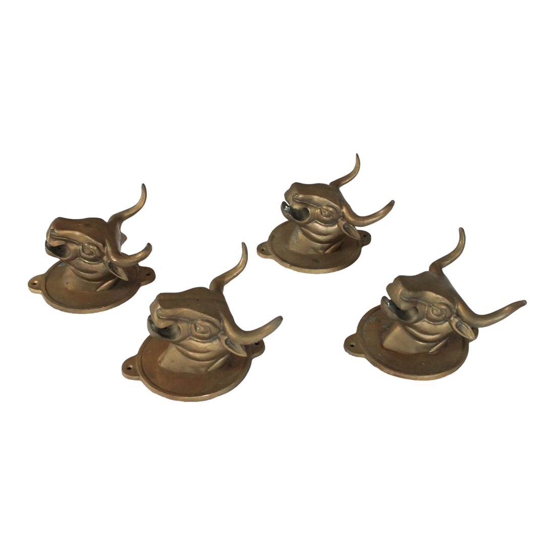 Vintage Brass Steer Wall Mounted Hooks - Towel Holders S/4: Set of four brass steer or bull wall mounted hooks. They could also be used as a towel holders. They have a holes to screw a rod into the mouth area. No makers mark. Rod or hardware is not included. O