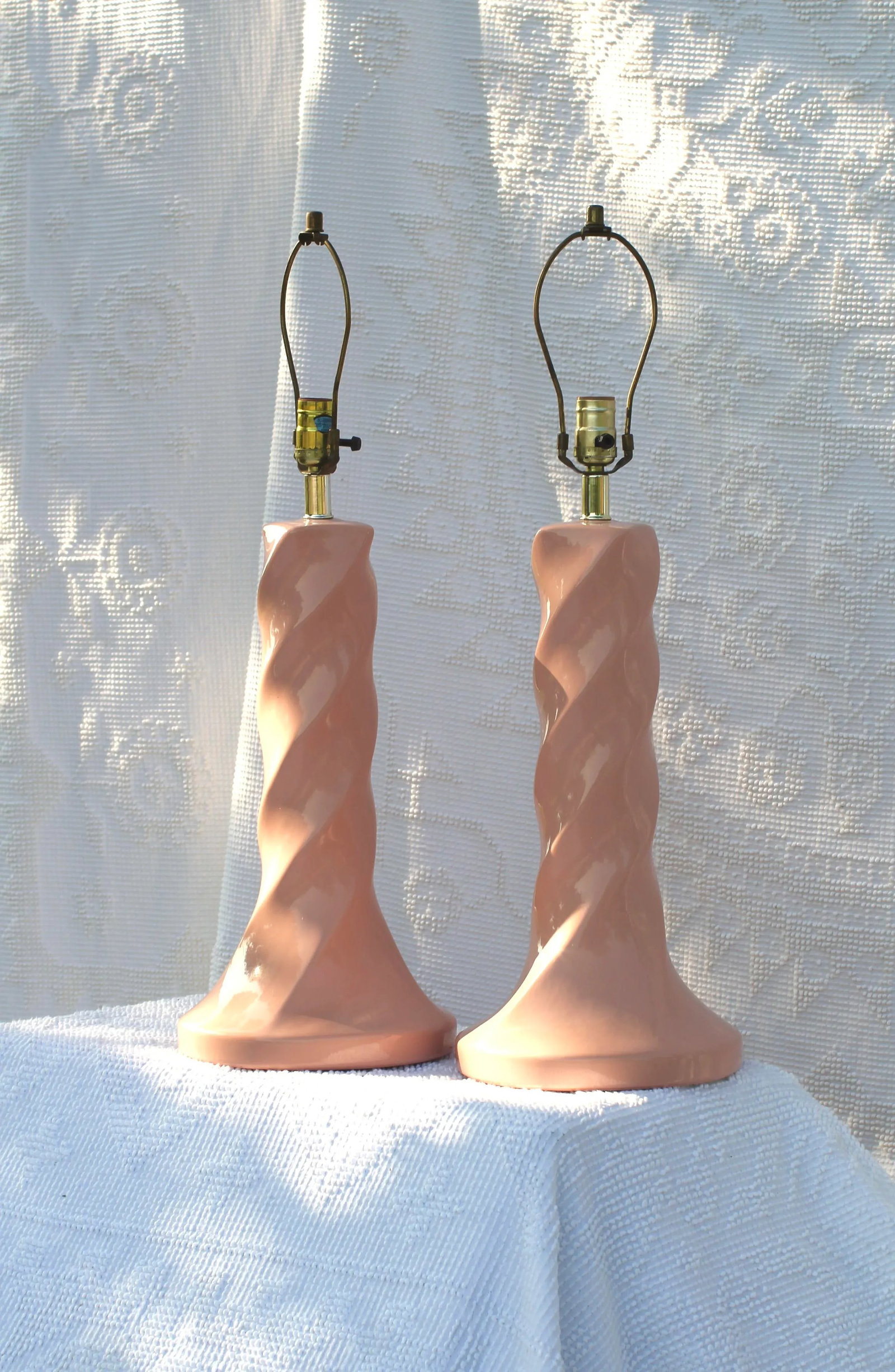 Pair of Large Spiral Lamps in Peachy Pink From the 1980s - 9