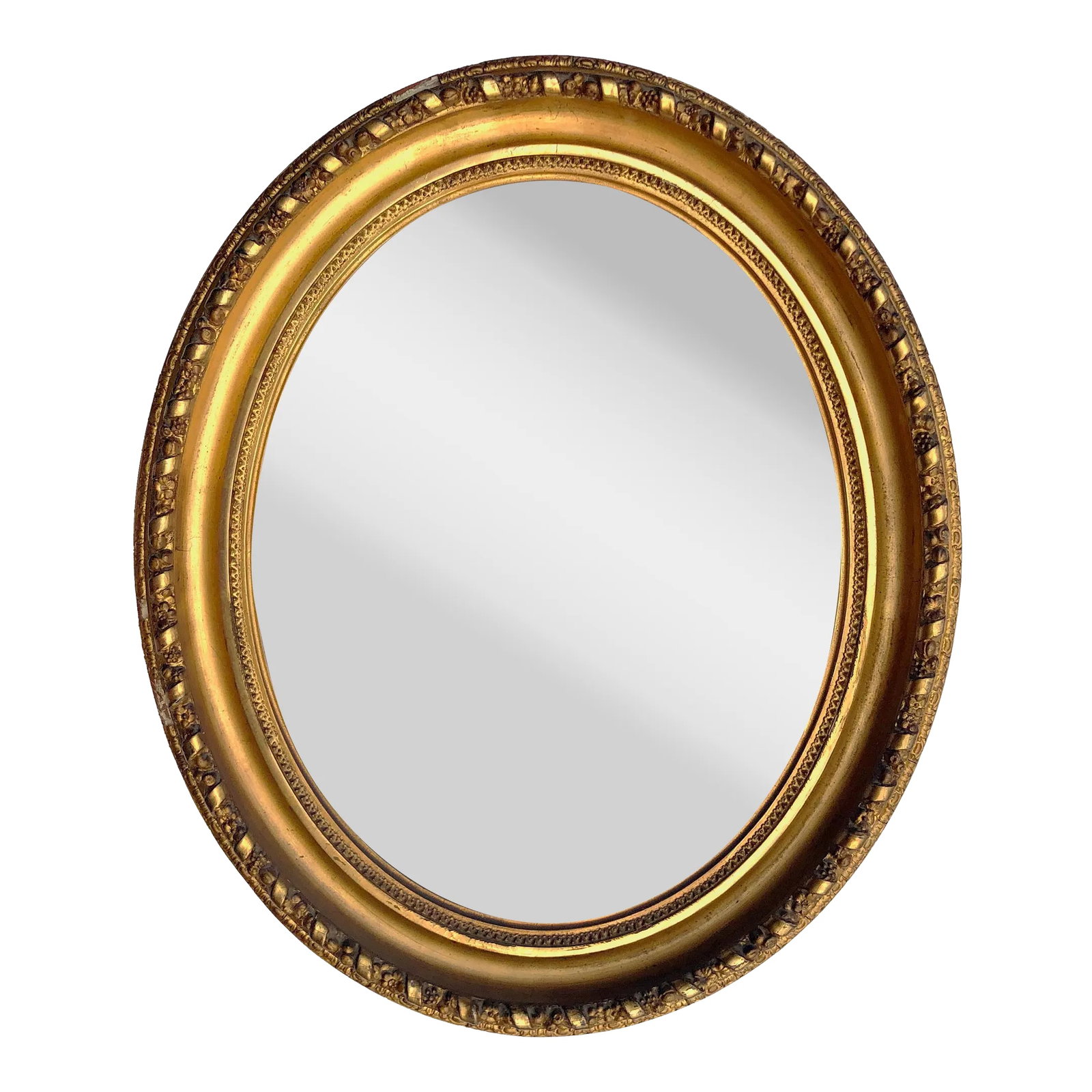 Antique Oval Gold Frame: This antique oval gold frame is in good condition with some chips as pictured. Fits 16.75 x 20.75 inch artwork. Outer frame measures 22.5 x 26.5 inches. Condition: Alterations: Original Condition