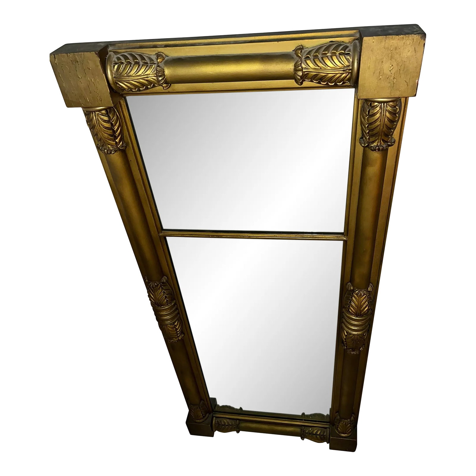 Vintage Large Vertical Gilt Mirror From Upstate New York: A nice vintage large verticals gold gilt mirror from Upstate New York. Classical acanthus leaves decorations. A very impressive piece. Condition: Alterations: Original Condition Unaltered