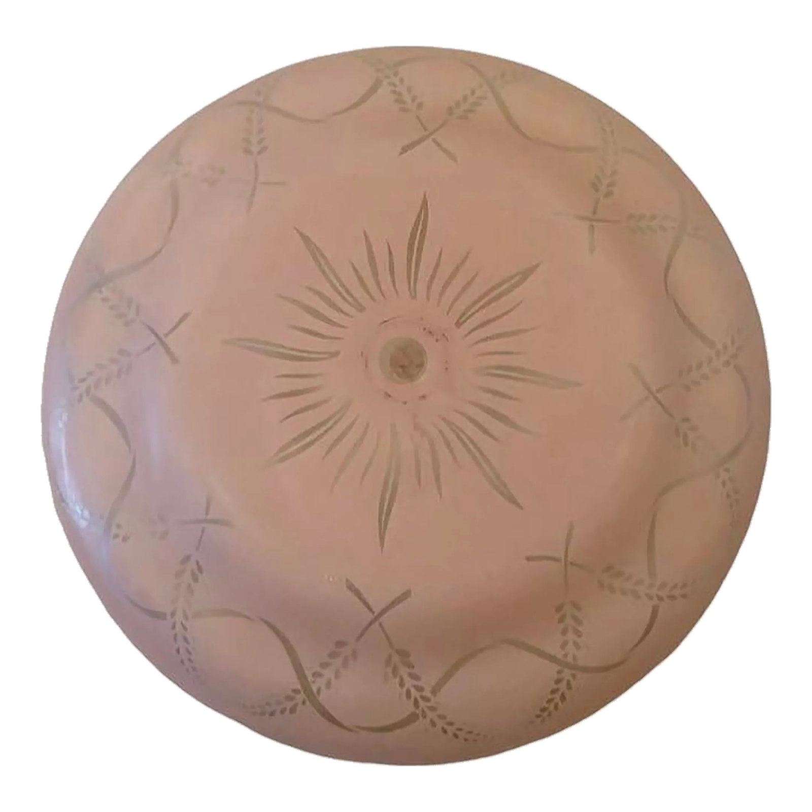 Vintage Mid Century Atomic Pink Starburst Floral Light Shade Glass Cover: A beautiful mid century frosted pink glass fixture shade, with a central starburst pattern and trimmed in floral/wheat translucent offset. Casts a lovely glow! Condition: Alterations: Original Conditi