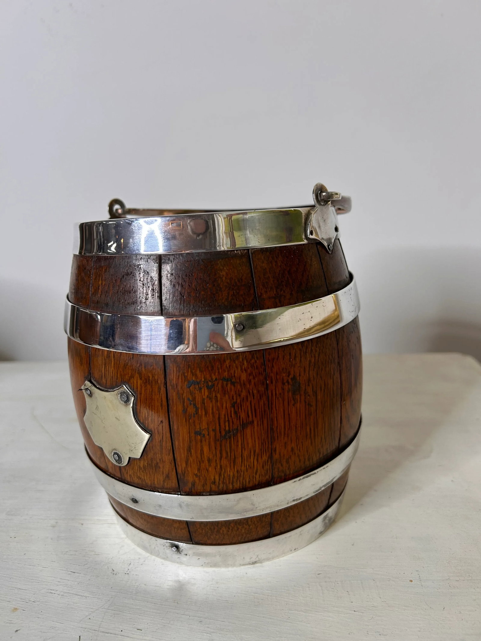 Antique English Oak and Silver Plate Biscuit Jar - 2
