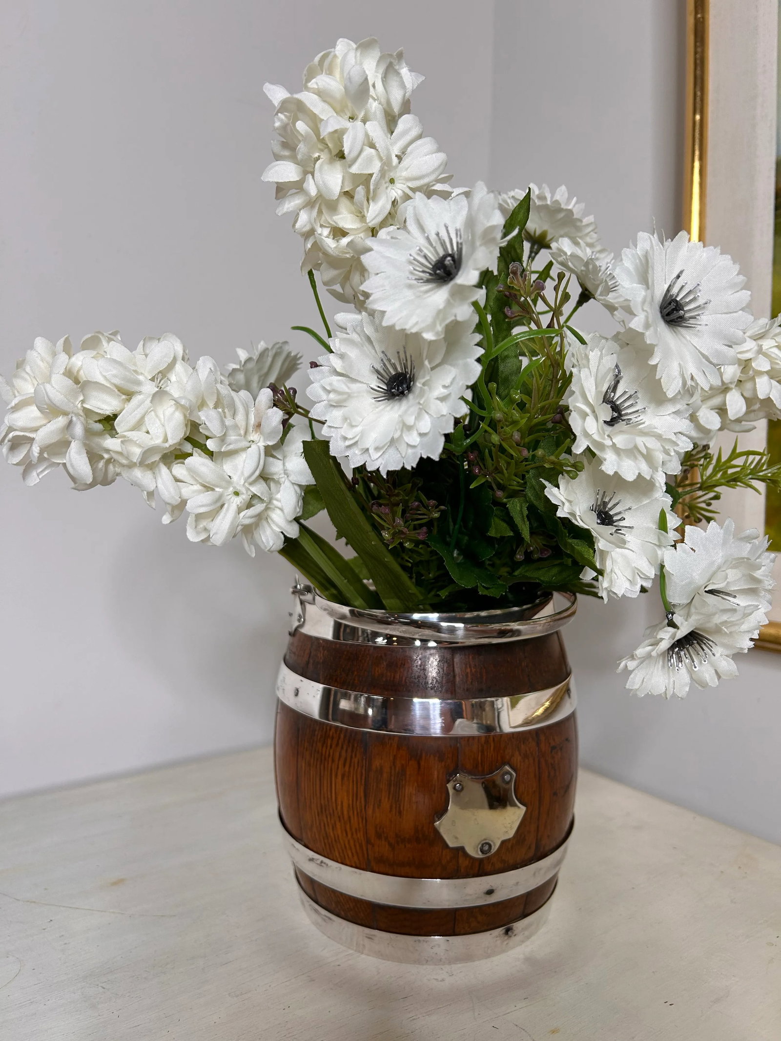 Antique English Oak and Silver Plate Biscuit Jar - 3