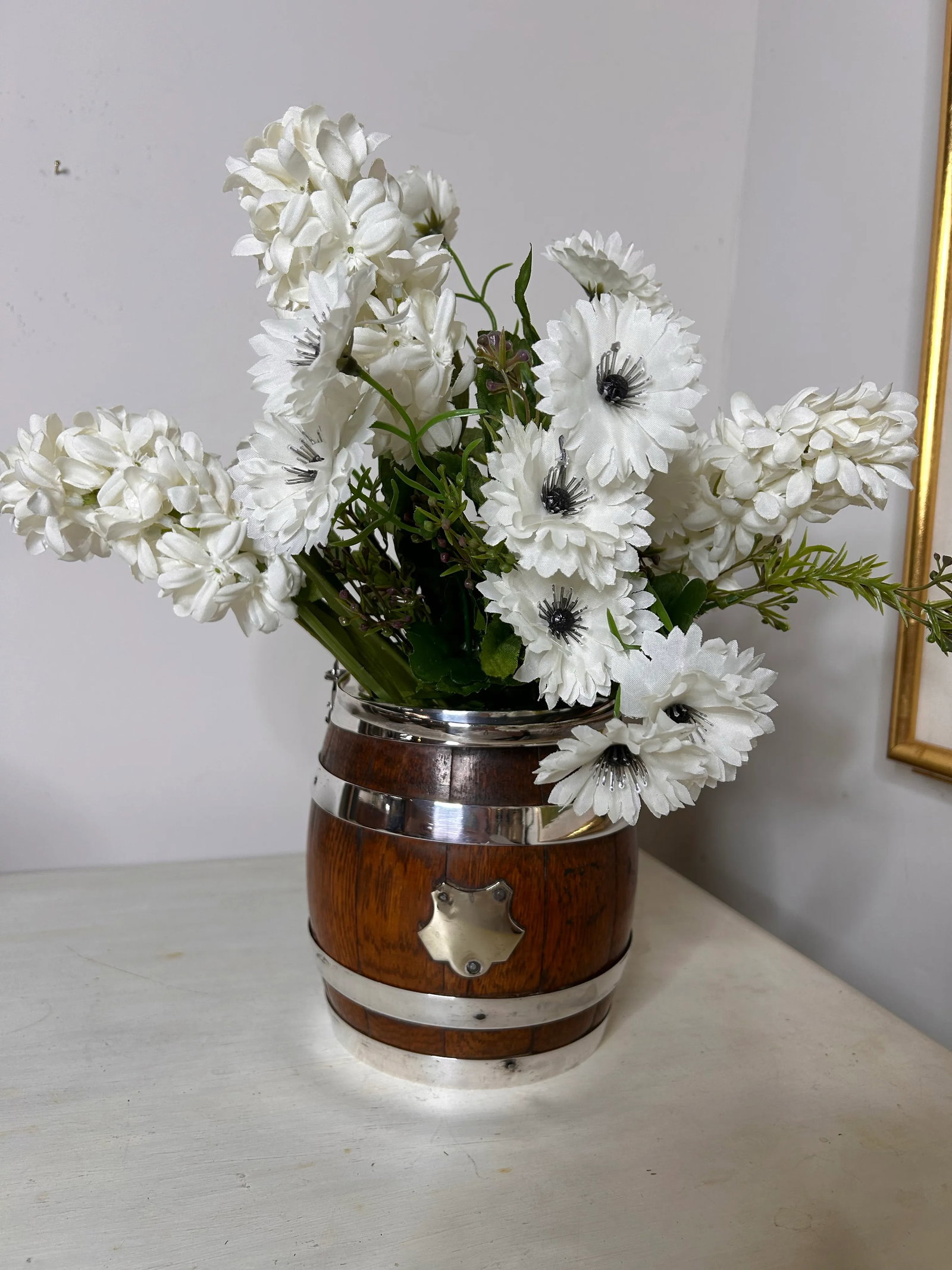 Antique English Oak and Silver Plate Biscuit Jar - 4