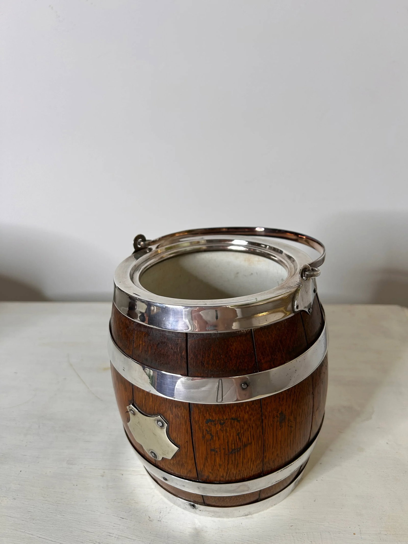 Antique English Oak and Silver Plate Biscuit Jar - 5