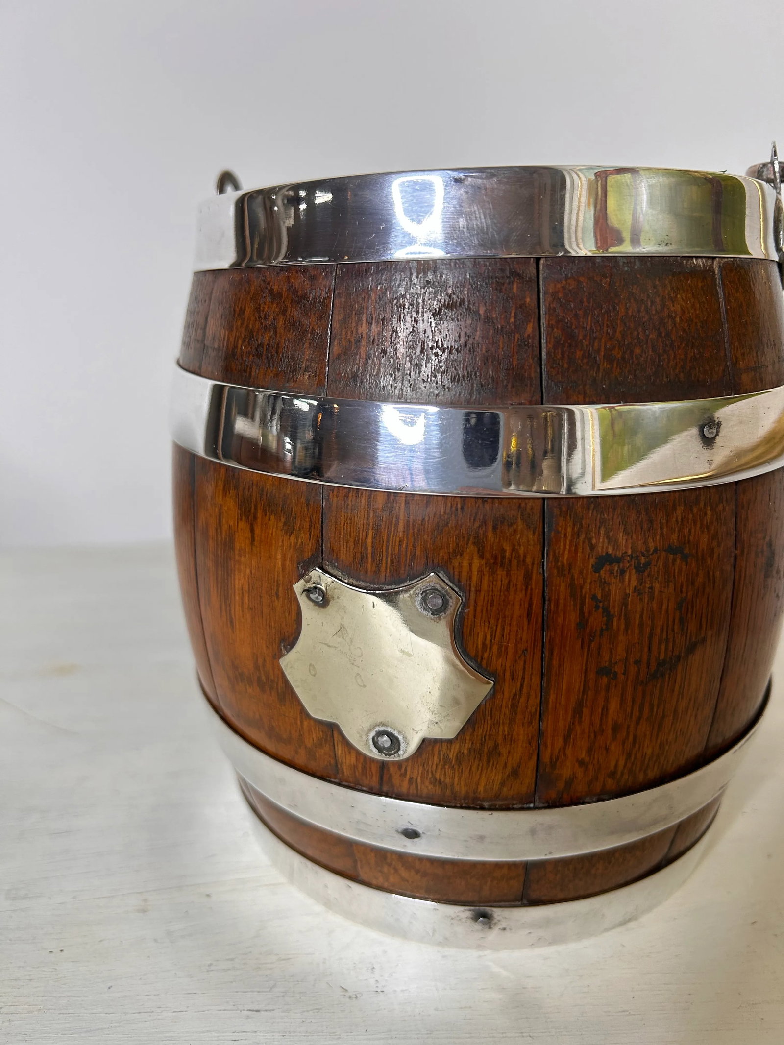 Antique English Oak and Silver Plate Biscuit Jar - 6