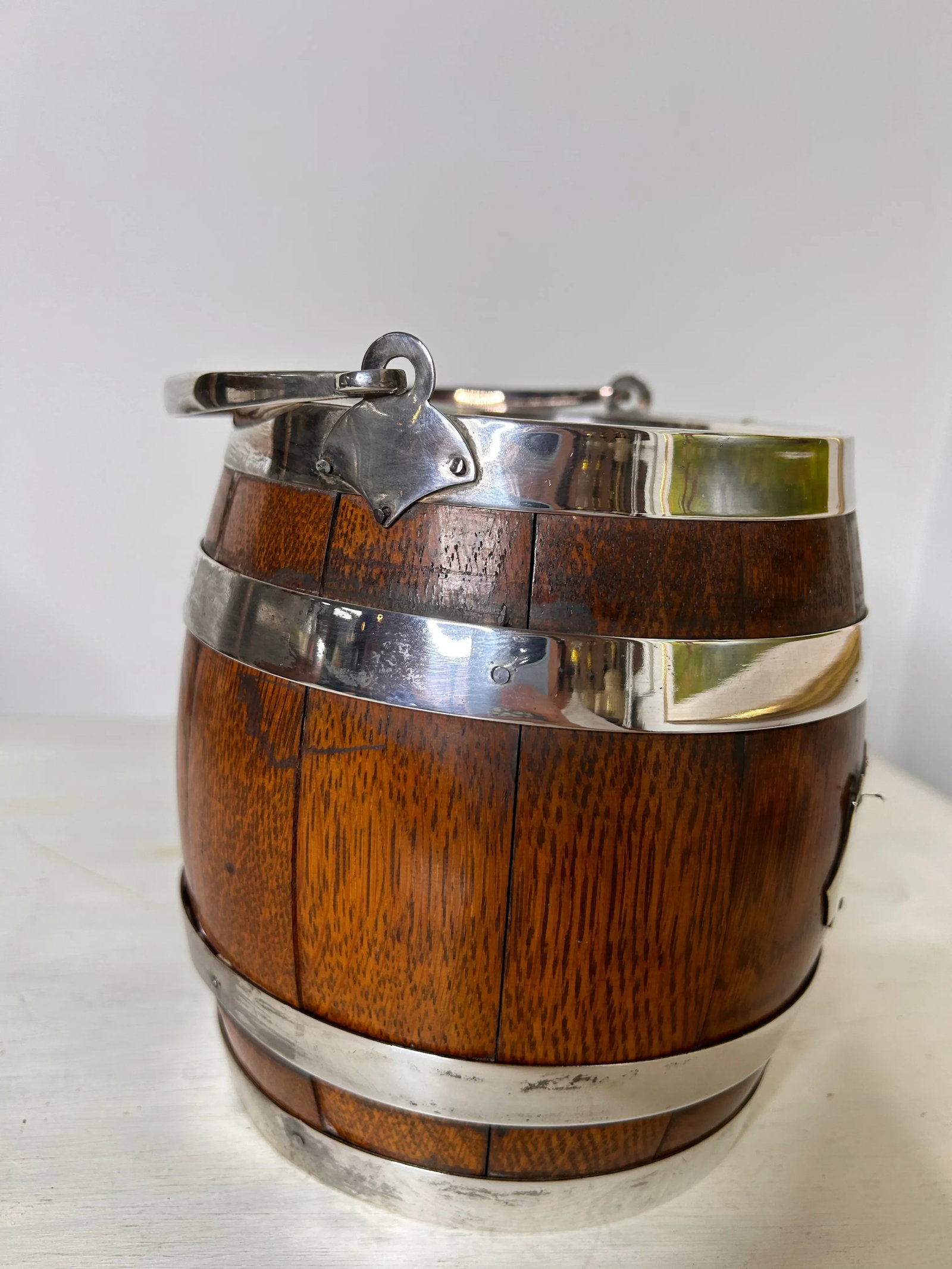 Antique English Oak and Silver Plate Biscuit Jar - 7