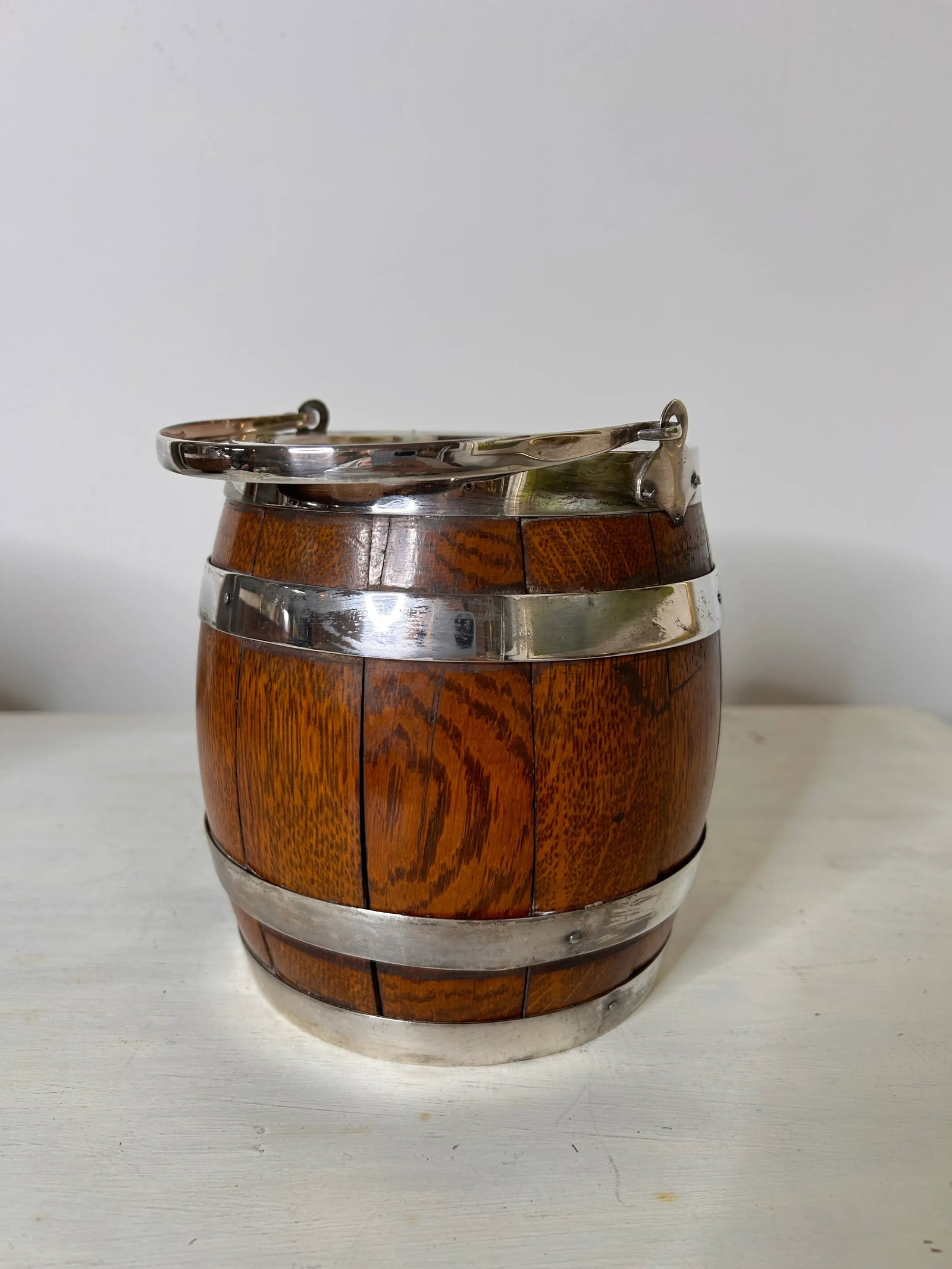 Antique English Oak and Silver Plate Biscuit Jar - 8