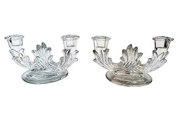 Clear Glass Art Deco Candleholders - A Pair: Vintage pair of clear glass-molded Art Deco candleholders. No maker's mark. Circa 1930s.Excellent! Condition: Alterations: Original Condition Unaltered Imperfections: Some Imperfections Condition