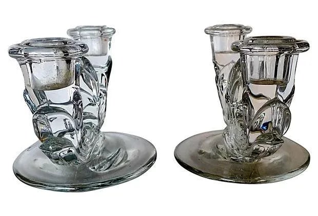 Clear Glass Art Deco Candleholders - A Pair - 3