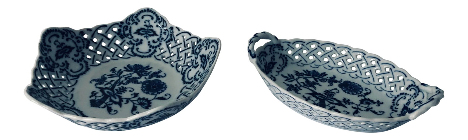 Blue Danube "Pierced" Blue Onion Basket Weave Servers - a Pair: Matched "Pierced " Blue Danube Basket Weave patter servers; 8x8 square; 8x5 Oblong English China Condition: Alterations: Original Condition Unaltered Imperfections: Some Imperfections Condition