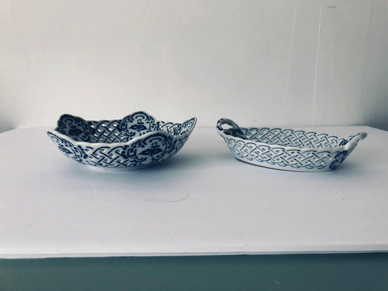 Blue Danube "Pierced" Blue Onion Basket Weave Servers - a Pair - 6