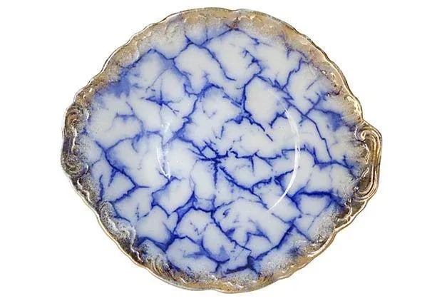 Frosted Blue & White Porcelain Serving Bowl: Antique frosted blue and white porcelain serving bowl. Maker's mark is illegible. Wear to edges. Condition: Alterations: Original Condition Unaltered Imperfections: Some Imperfections Condition