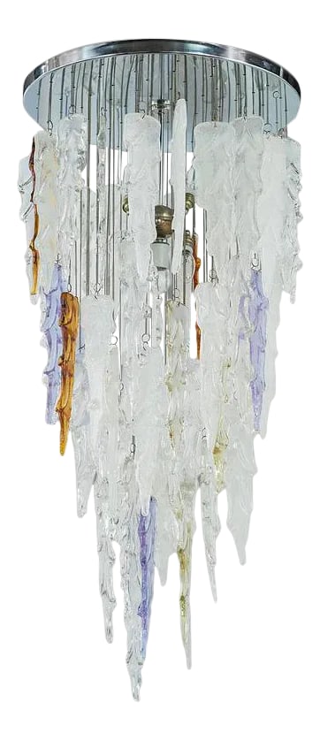 1970s Multi-Color Murano Glass Pendant Chandelier by Mazzega: Spectacular chandelier comprised of hand blown Murano glass pendants with organic icicle formations. Pendants hang at varying heights from individual chain fittings, creating a multiple tier design.