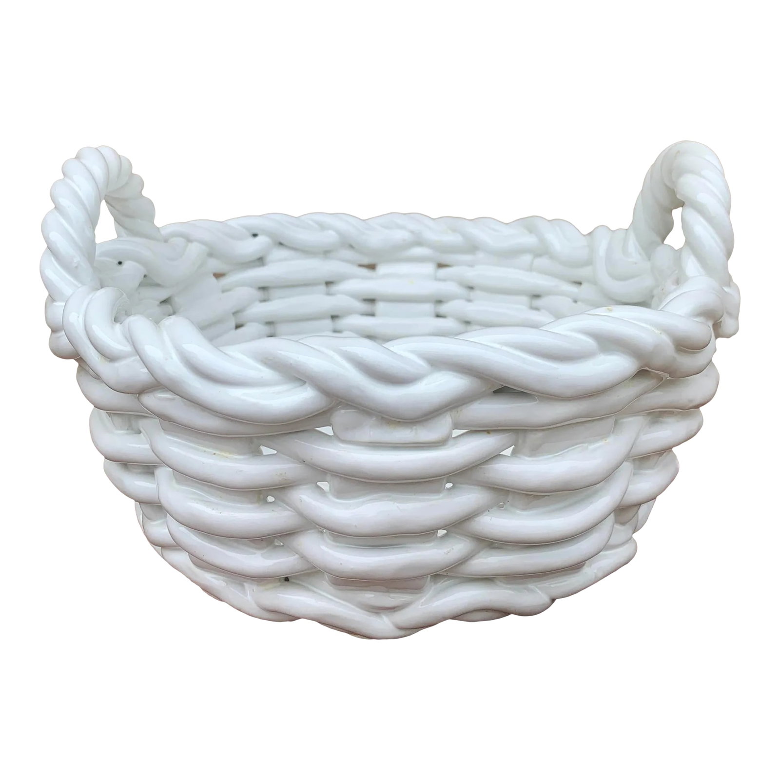 1980s Italian White Ceramic Trompe L'Oeil Woven Basket Cachepot (1 of 12)