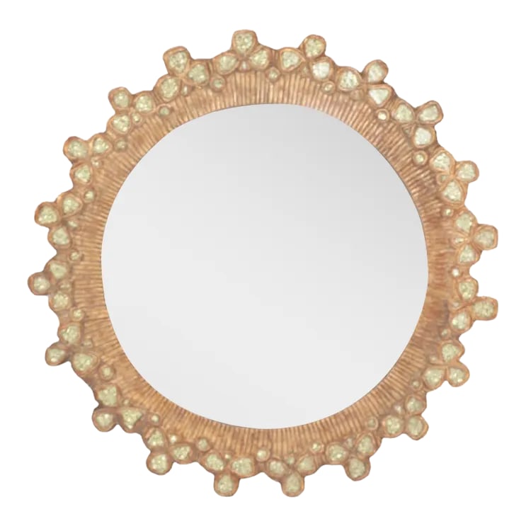 A Lime Glass and Resin Convex Mirror in the Manner of Line Vautrin's "Trefle" Design.: A large lime glass and resin convex mirror in the manner of Line Vautrin's "Trefle" mirrors. The round frame with repeating three-leaf clover style motif. This example is hand made by an artist using