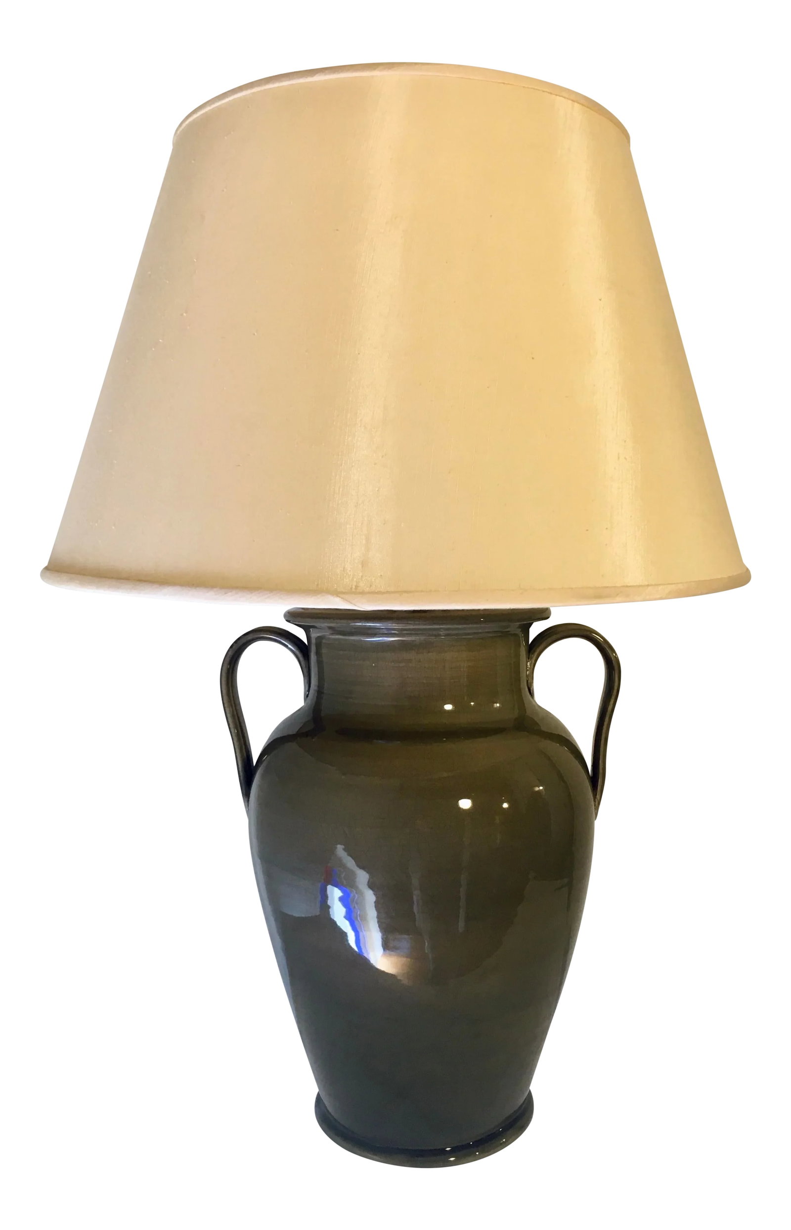 Monumental Vintage Ceramic Jar Lamp in Grey-Olive Craquele Glaze: Monumentally scaled mid-century ceramic jar lamp with handles. Features a greyish-olive glazed crackle finish on ceramic and Vintage silk shade. Round walnut wood finial at top. Shade can be omitted