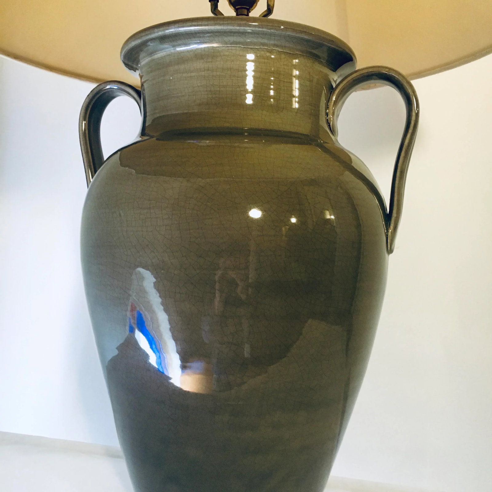 Monumental Vintage Ceramic Jar Lamp in Grey-Olive Craquele Glaze - 9