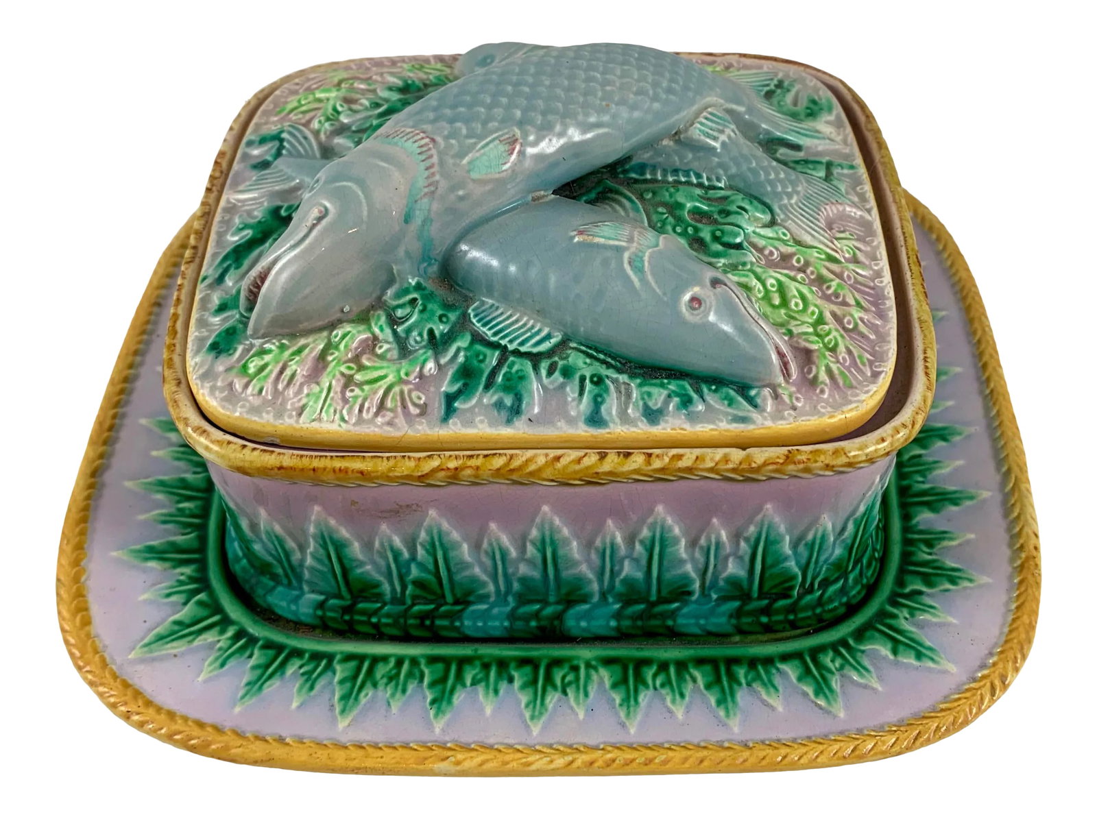 George Jones English Majolica Sardine Server, 3 Pcs.: From the Stoke-On-Trent pottery works of George Jones, a spectacular three piece majolica sardine box, Staffordshire, England, dated 1870. A must-have piece for every Majolica collection! In a lovely 