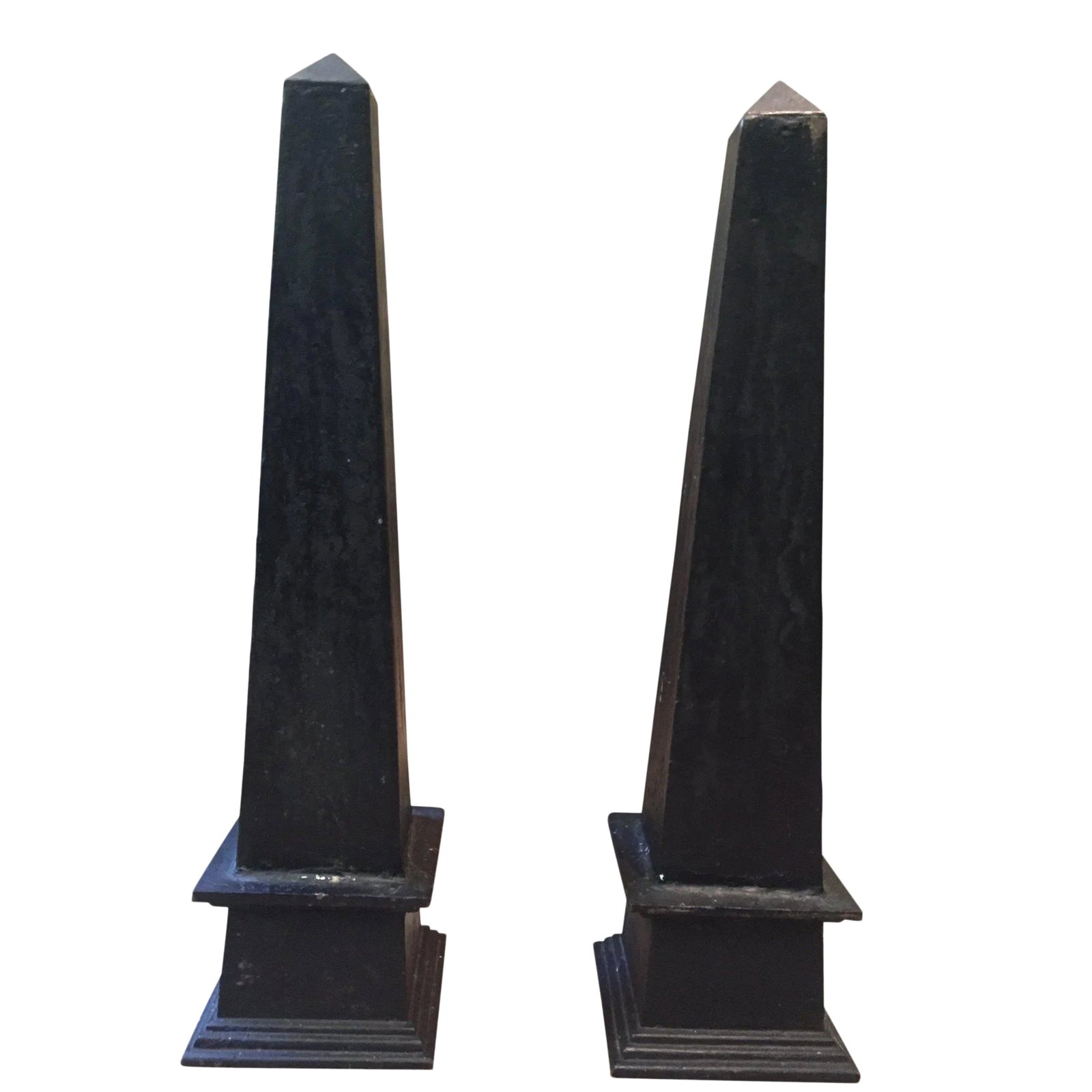 Mid Century Black Iron Obelisks - a Pair: Mid-Century Neoclassical Iron Obelisks are a great decor item to frame a sideboard or flank a fireplace. Condition: Alterations: Original Condition Unaltered Imperfections: Some Imperfections