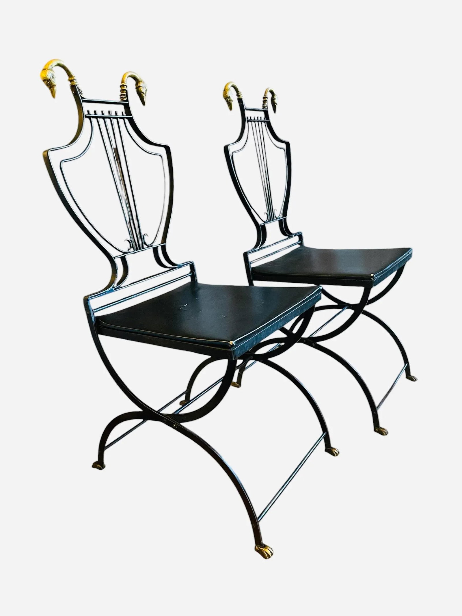 1920s Maison Style Black Iron Lyre Back Swan Chairs-Set of 2 - 2