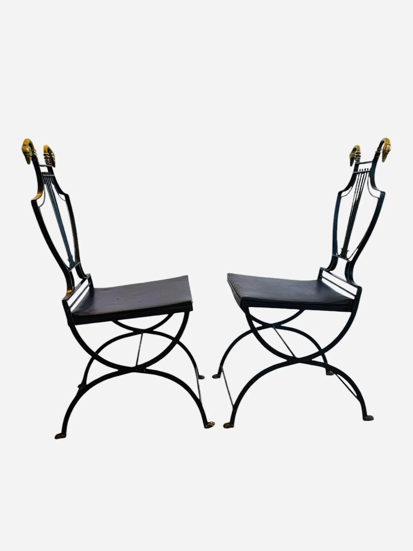1920s Maison Style Black Iron Lyre Back Swan Chairs-Set of 2 - 3
