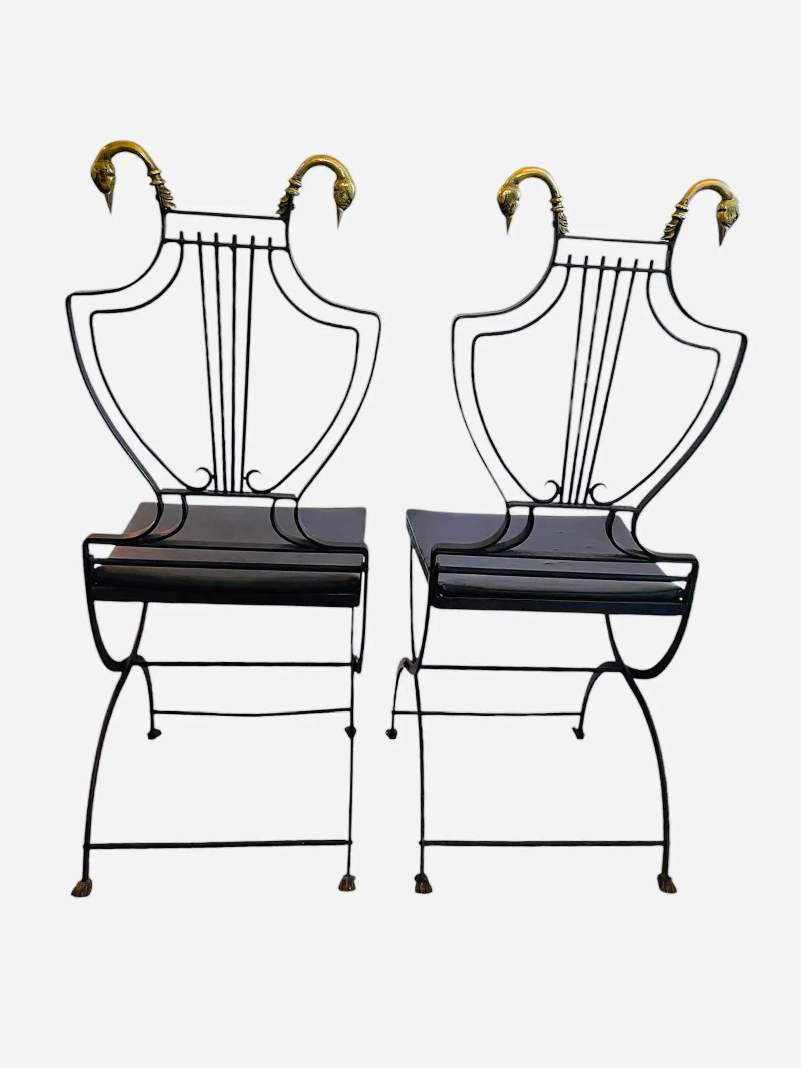 1920s Maison Style Black Iron Lyre Back Swan Chairs-Set of 2 - 4