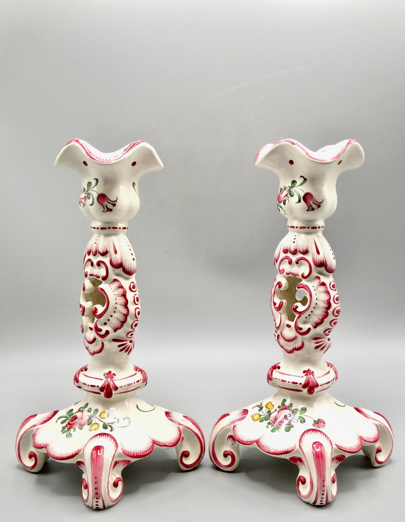 Early French Hand Painted Faience Candlesticks, a Pair - 2