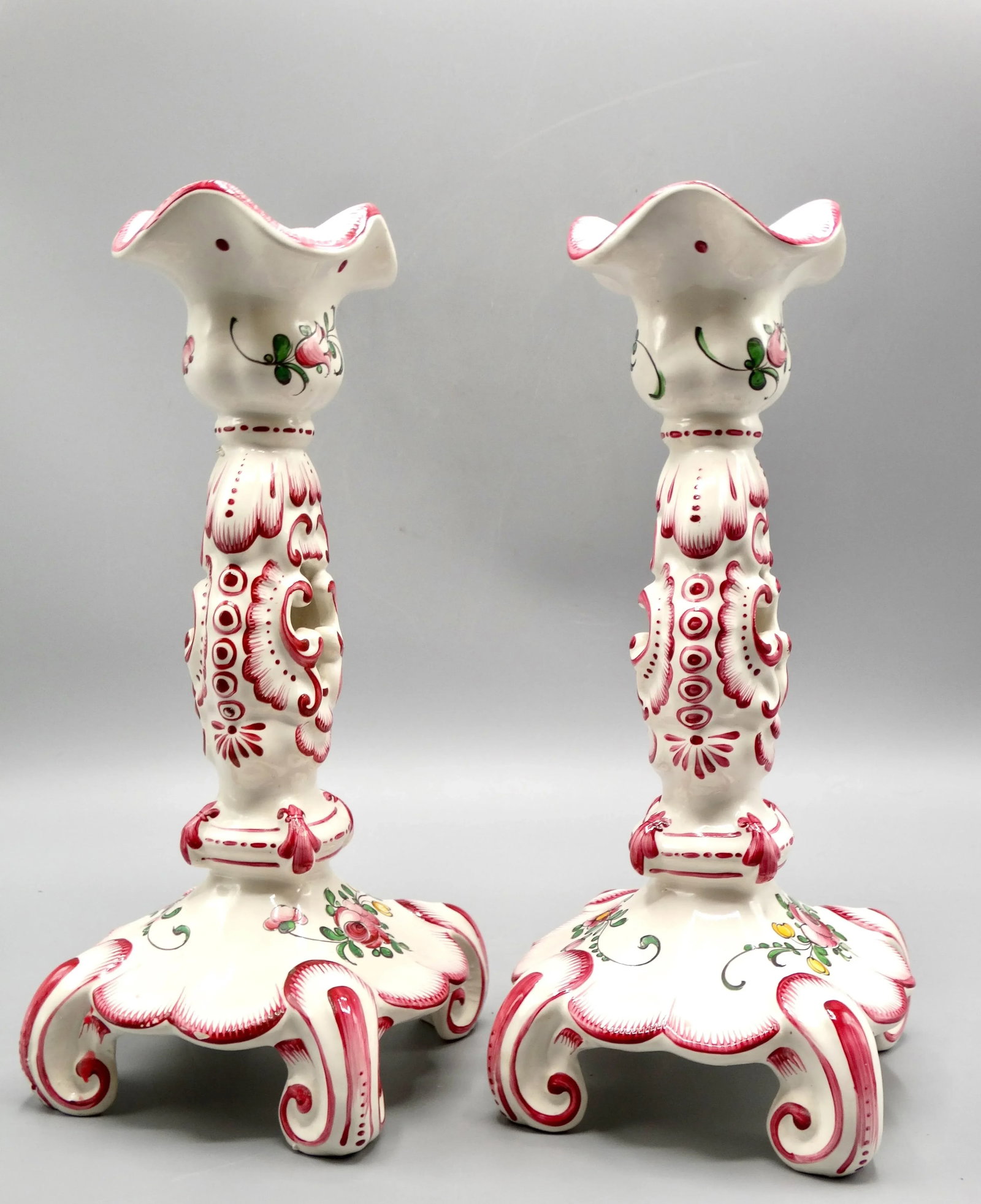 Early French Hand Painted Faience Candlesticks, a Pair - 3